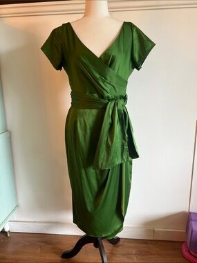 Pinup Couture Ava Green Wrap Midi Dress with Waist Tie